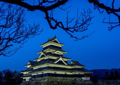 Matsushiro castle at night reflecting in the water and framed with a branch