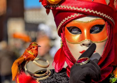 Woman with blue eyes with a red and orange venitian mask and costumes with an orange bird on her shoulder