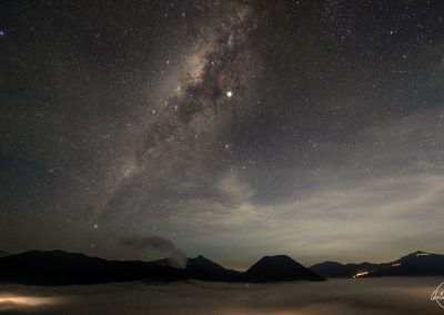 Night sky full of stars above silhouette of mountains